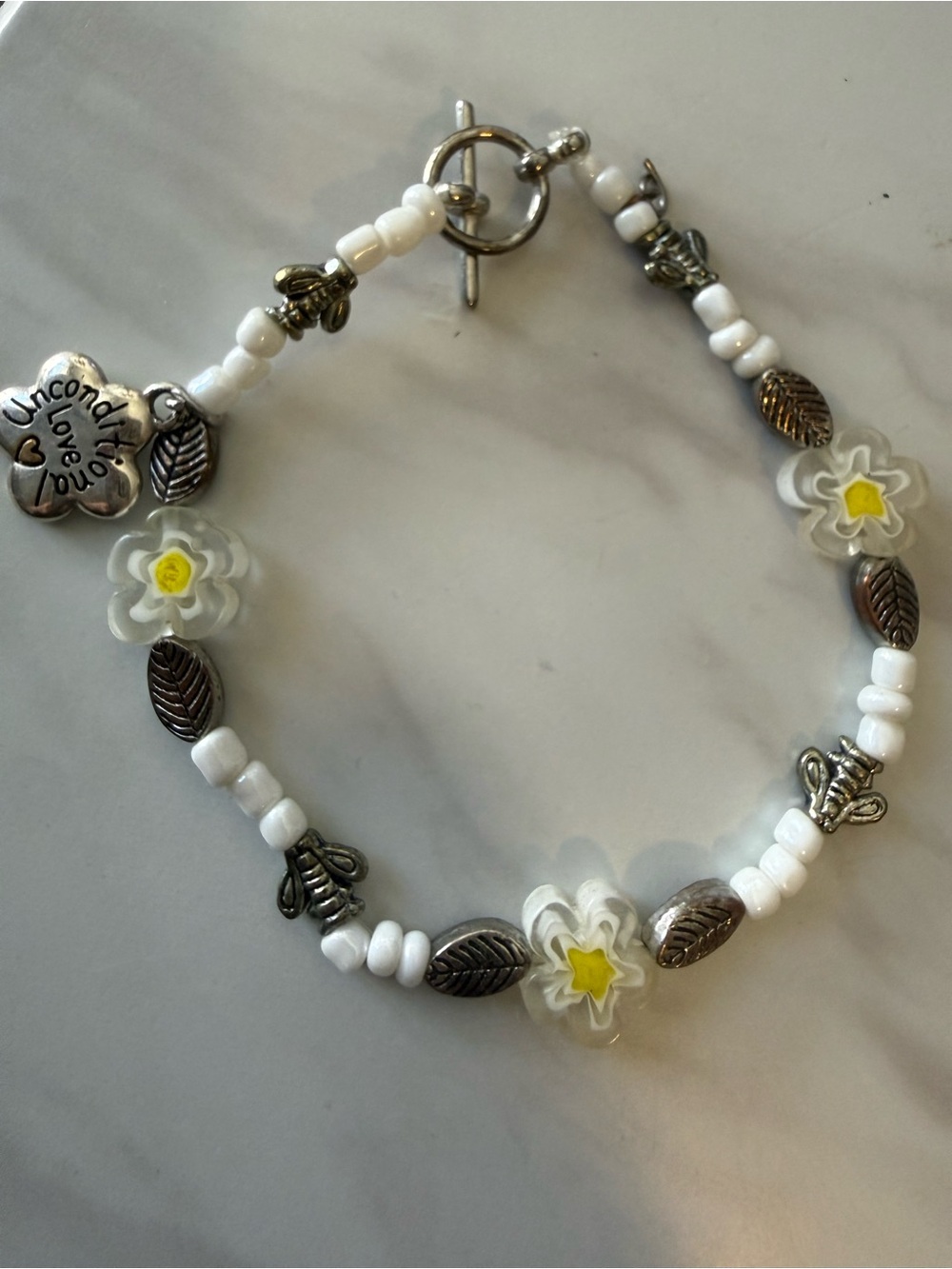 Charm Bracelet, Women’s 8” Glass Yellow Flower, Bee Charms & Silver Dangle Charm